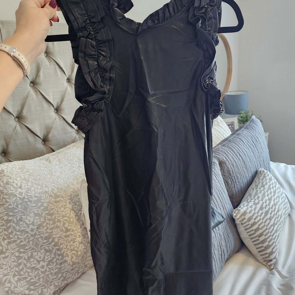 TCEC Faux Leather Black Ruffled Sleeveless Dress